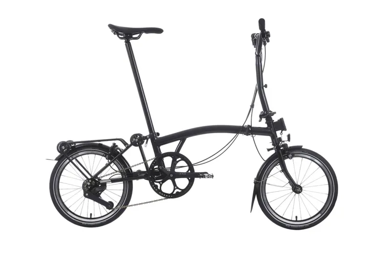 Brompton P Line 12 Speed Superlight Titanium Mid Bar  with roller rack in Midnight Black Metallic