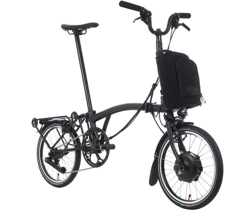 Brompton P Line Electric Explore 12 Speed Midnight Black and Black extremities with Pannier Rack